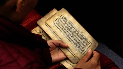 Mönch in Nepal liest eine Schriftrolle