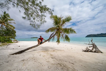 Südseeidylle unter Palmen an der weiten Lagune von Rangiroa, Französisch-Polynesien