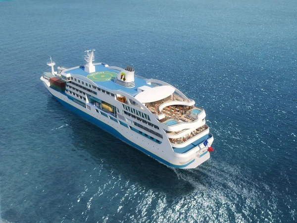 Luxuriöse Kreuzfahrt im Ozeanien: Schiff Aranoa auf dem blauen Meer