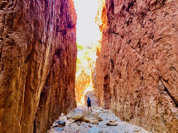 Mann zwischen roten Klippen im Stanley Chasm, Australien entdecken